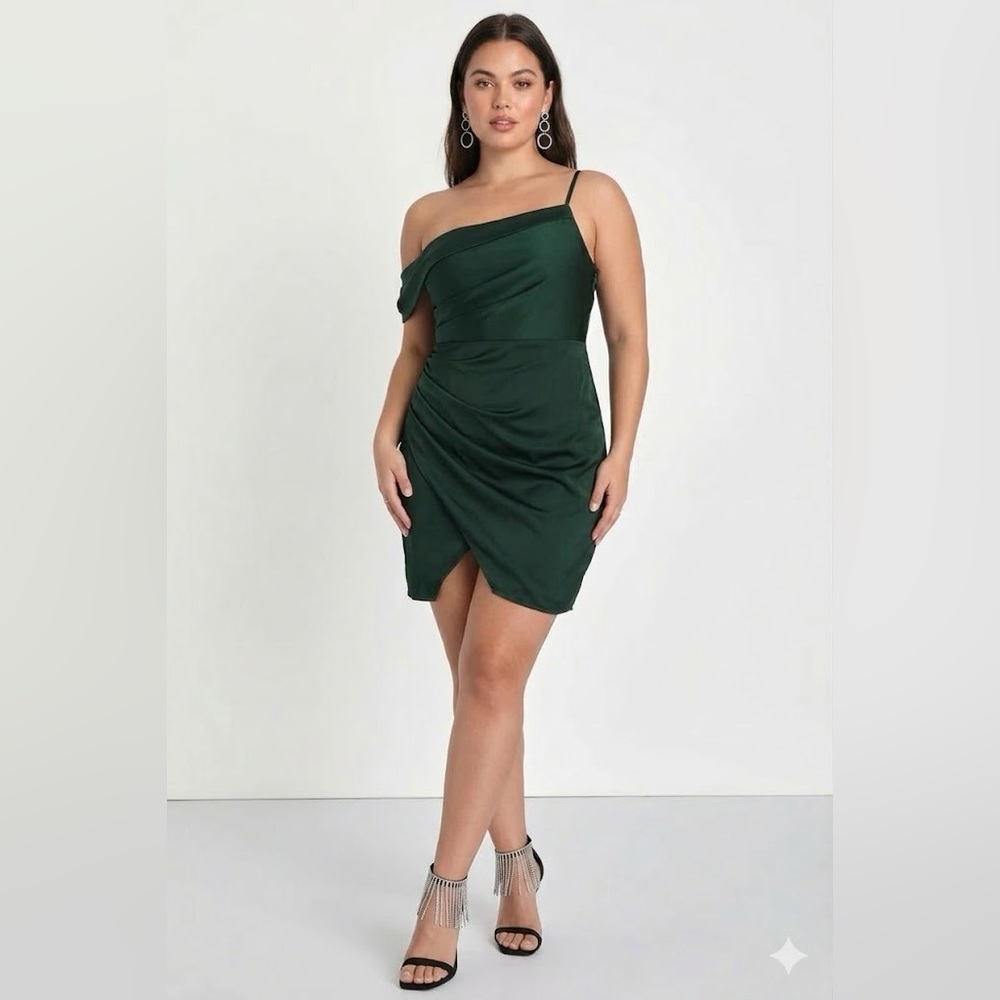 Lulus Emerald Green Satin Asymmetrical Sleeveless Off Shoulder Mini Dress XL